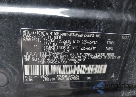 2021 Toyota Rav4 Le z USA, uszkodzony, nr VIN 2T3F1RFV5MC243238